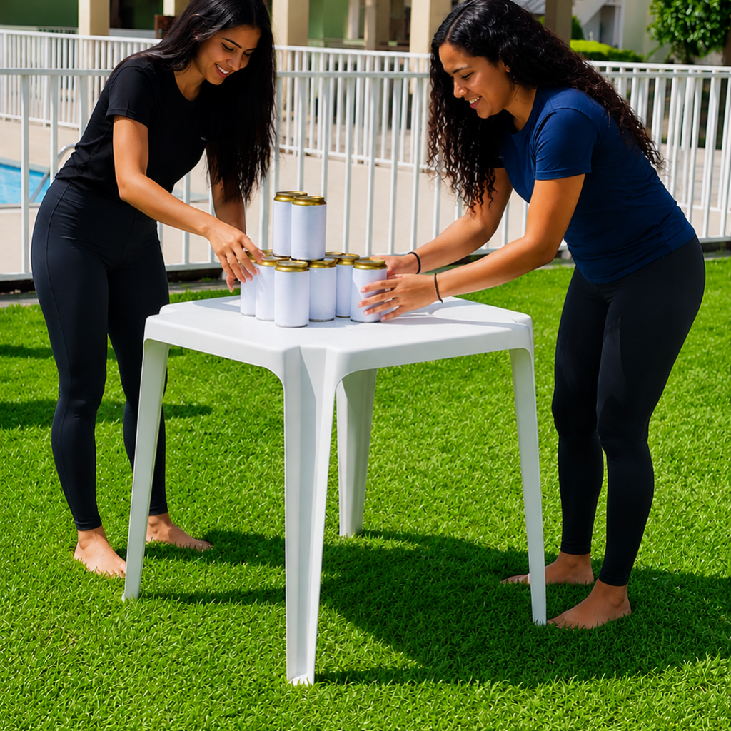 Duas participantes empilhando latas sobre uma mesa na brincadeira da torre de latas