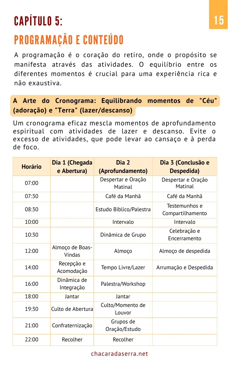 Página do e-book com o cronograma de retiro de três dias, hora a hora