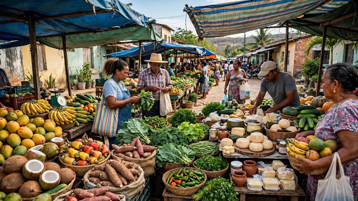 Barracas de frutas, verduras e queijos em feira livre do interior de Sergipe — imagem ilustrativa